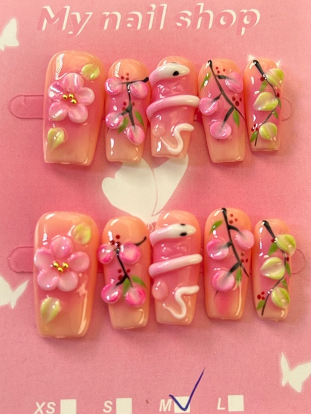 Pink 3D Floral Press-On Nail Set